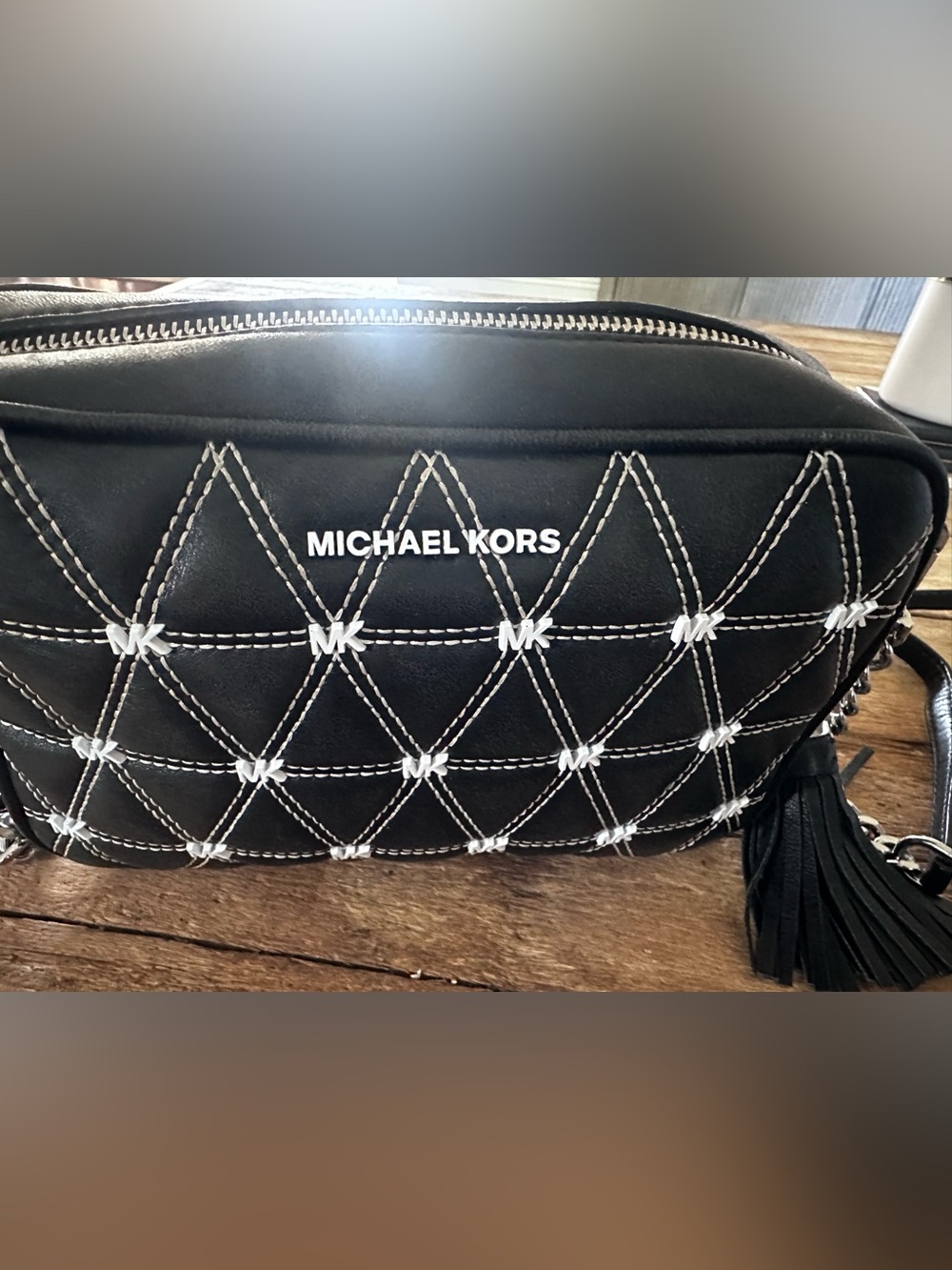 Michael Kors Black Quilted Logo Crossbody Bag with White Stitching